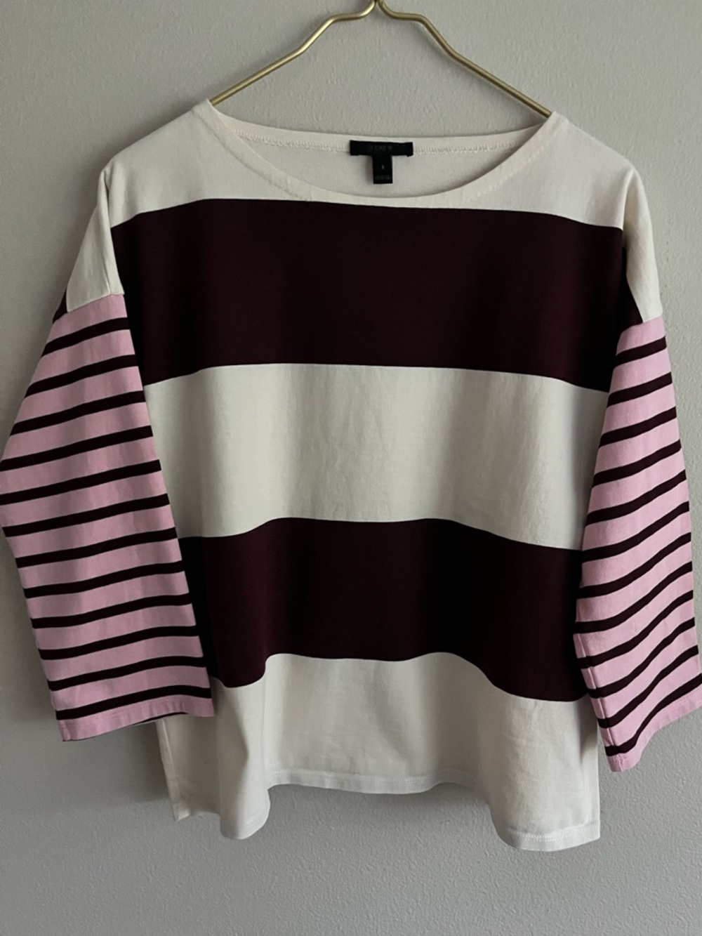 J. Crew Rugby Striped Boxy Boatneck 3/4 Sleeve Top - White, Maroon & Pink S